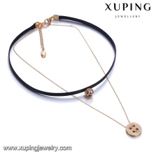 44120 Latest fashion lady jewelry two layers alloy gold charm and leather chain necklace with colorful stone pendant